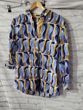 J. McLaughlin Lois Blue, Yellow & Brown Abstract Print Shirt
